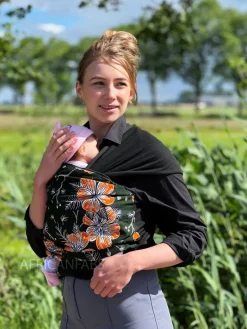 Afrikaanse Print Draagdoek / Draagzak / baby wrap / baby sling - Donker groen oranje flowers - gold embellished