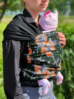 Afrikaanse Print Draagdoek / Draagzak / baby wrap / baby sling - Donker groen oranje flowers - gold embellished