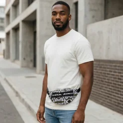 Afrikaanse print heuptasje / Fanny pack - Wit groene bogolan - Festival tasje met verstelbare band