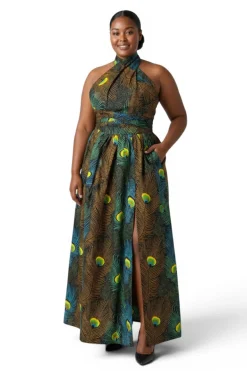 Afrikaanse print Infinity Multiway Maxi Jurk - Verstelbare Split - Petrol Bruin Peacock Majesty