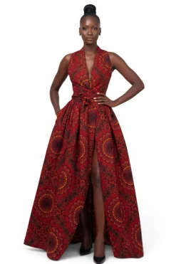 Afrikaanse print Infinity Multiway Maxi Jurk - Verstelbare Split - Rood Sunfire Bloom