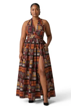 Afrikaanse print Infinity Multiway Maxi Jurk - Verstelbare Split - Bruin Oranje Earth Heritage