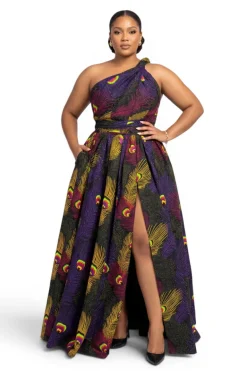 Afrikaanse print Infinity Multiway Maxi Jurk - Verstelbare Split - Paars Geel Royal Peacock