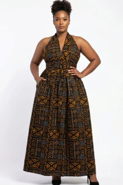 Afrikaanse print Infinity Multiway Maxi Jurk - Verstelbare Split - Zwart Oranje Bogolan Spirit