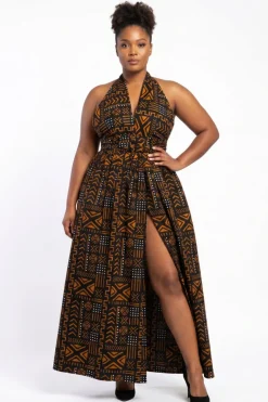 Afrikaanse print Infinity Multiway Maxi Jurk - Verstelbare Split - Zwart Oranje Bogolan Spirit