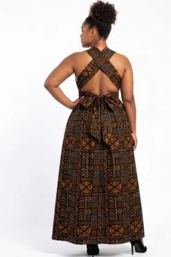 Afrikaanse print Infinity Multiway Maxi Jurk - Verstelbare Split - Zwart Oranje Bogolan Spirit