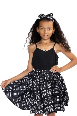 Afrikaanse print Kinder Rokje + Hoofdband met strik set - Zwart / Witte Bogolan ( 1 - 10 jaar )