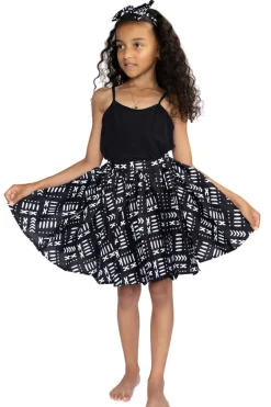 Afrikaanse print Kinder Rokje + Hoofdband met strik set - Zwart / Witte Bogolan ( 1 - 10 jaar )