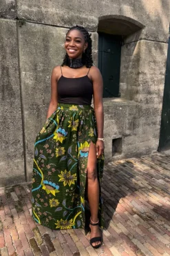 Afrikaanse print maxi rok - Donkergroen & Geel Botanical Flow