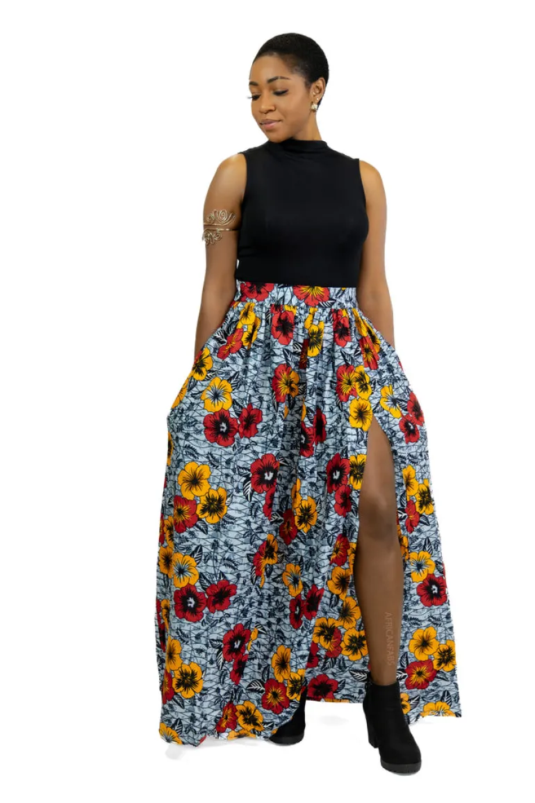 Afrikaanse print maxi rok - Lichtgrijze Flowers