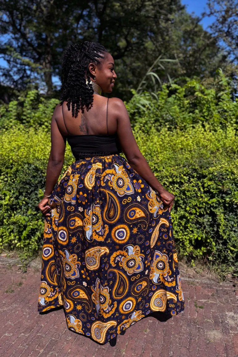 Afrikaanse print maxi rok - Marineblauw Geel Paisley
