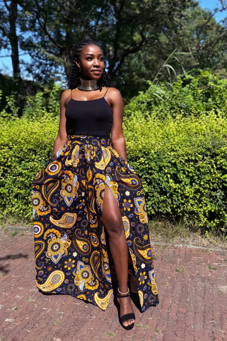 Afrikaanse print maxi rok - Marineblauw Geel Paisley