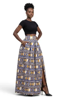 Afrikaanse print maxi rok - Verstelbare split - Blauw Mosterd Bogolan Heritage