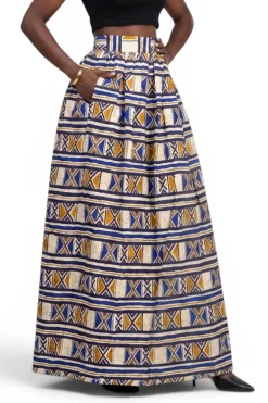 Afrikaanse print maxi rok - Verstelbare split - Blauw Mosterd Bogolan Heritage