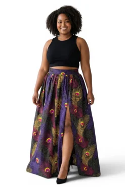Afrikaanse print maxi rok - Verstelbare split - Paars Geel Peacock Feathers