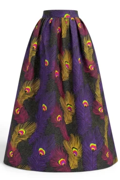 Afrikaanse print maxi rok - Verstelbare split - Paars Geel Peacock Feathers