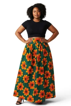 Afrikaanse print maxi rok - Verstelbare split - Groen Oranje Sunflower