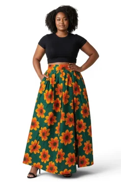 Afrikaanse print maxi rok - Verstelbare split - Groen Oranje Sunflower