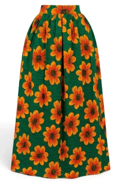 Afrikaanse print maxi rok - Verstelbare split - Groen Oranje Sunflower