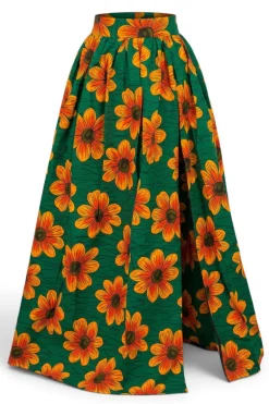 Afrikaanse print maxi rok - Verstelbare split - Groen Oranje Sunflower