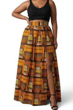 Afrikaanse print maxi rok - Verstelbare split - Oranje Bruin Tribal Blocks