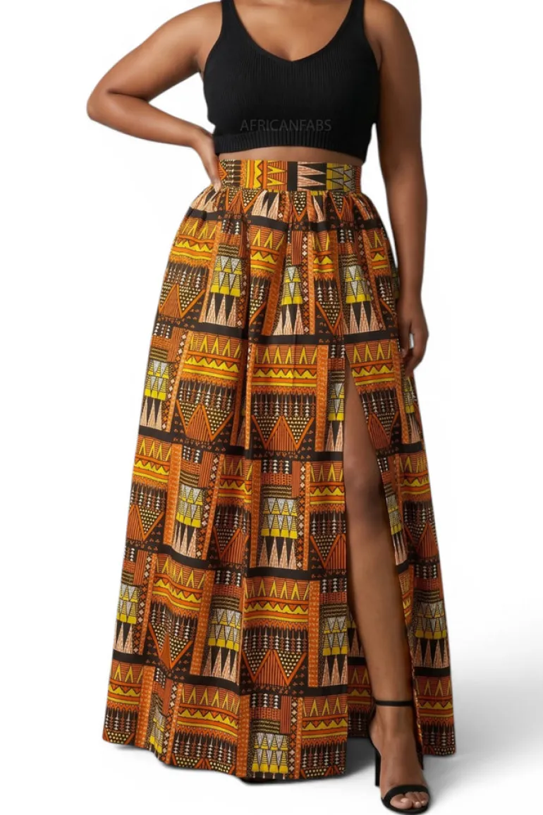 Afrikaanse print maxi rok - Verstelbare split - Oranje Bruin Tribal Blocks