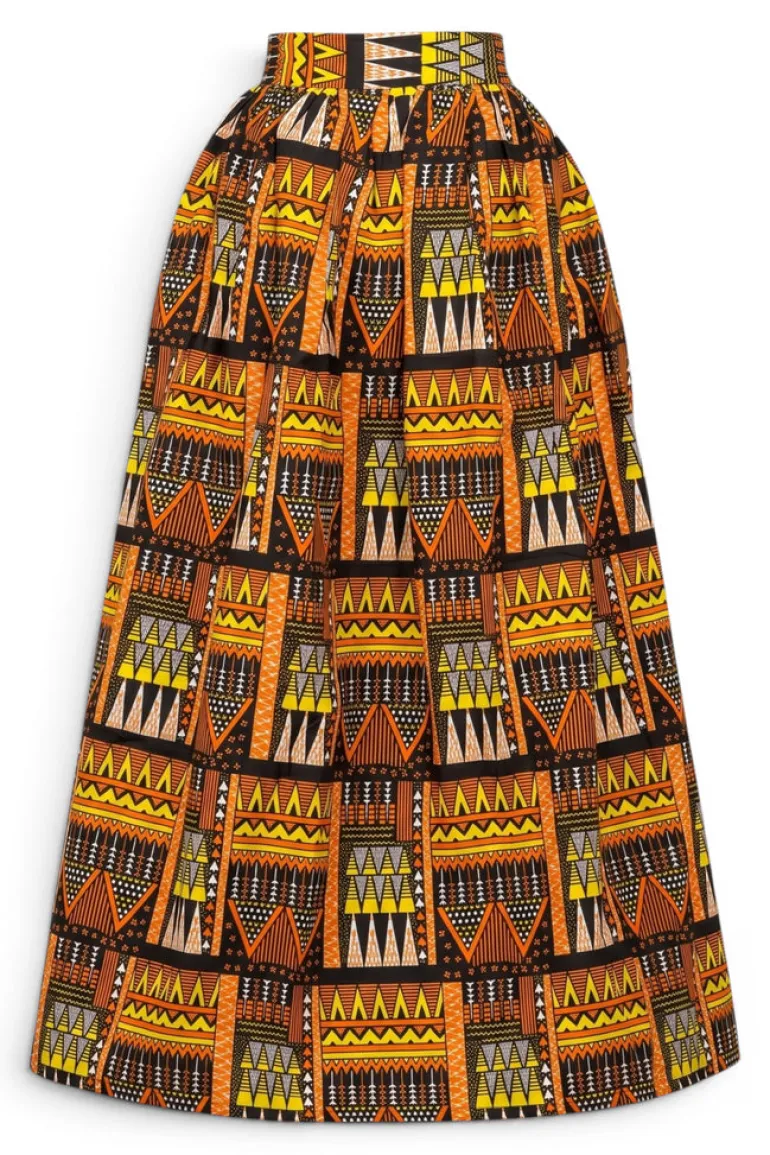 Afrikaanse print maxi rok - Verstelbare split - Oranje Bruin Tribal Blocks