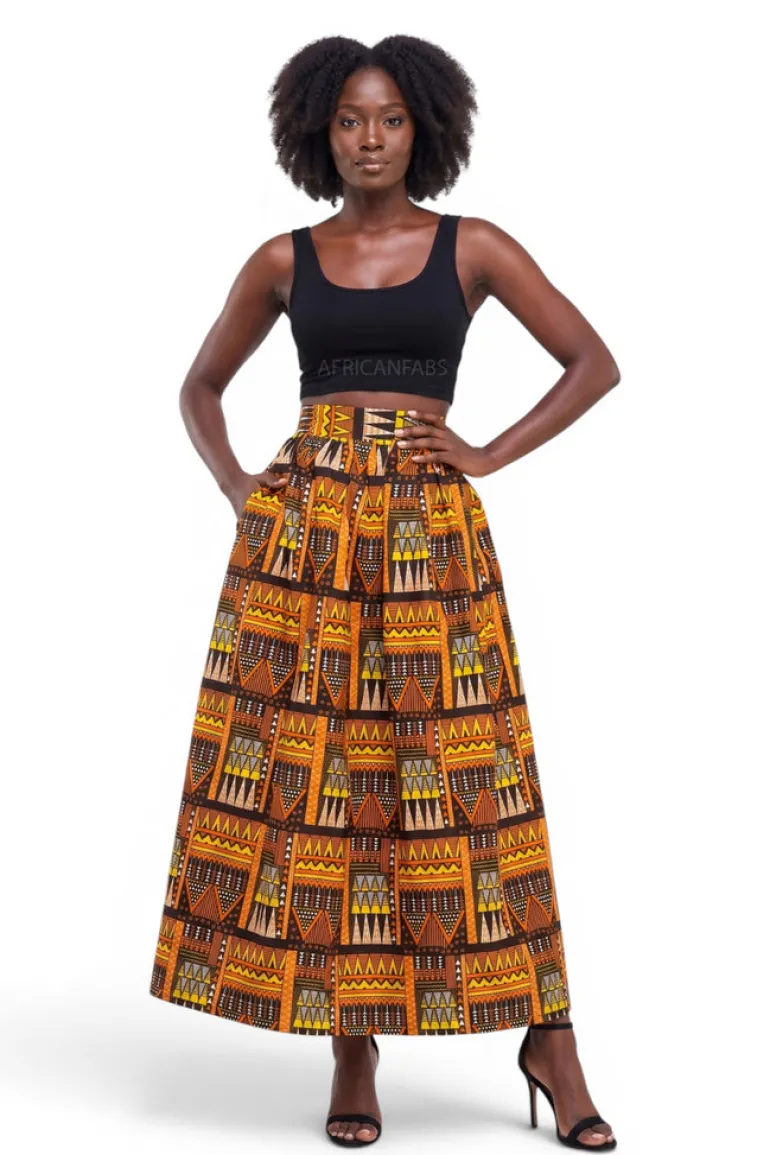 Afrikaanse print maxi rok - Verstelbare split - Oranje Bruin Tribal Blocks