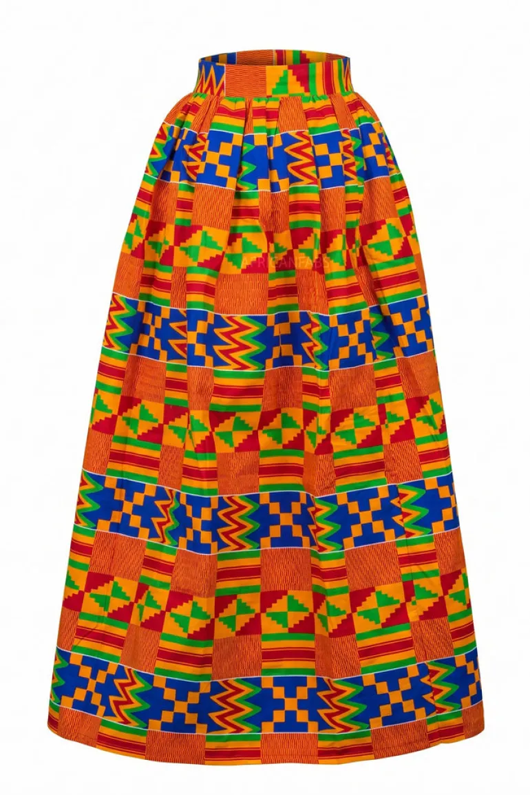 Afrikaanse print maxi rok - Verstelbare split - Blauw Oranje Kente