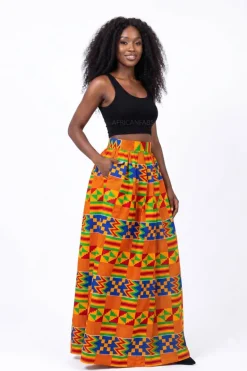 Afrikaanse print maxi rok - Verstelbare split - Blauw Oranje Kente