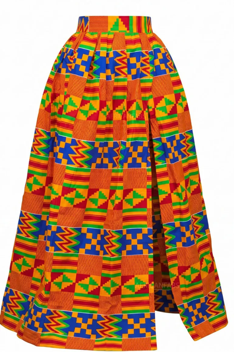 Afrikaanse print maxi rok - Verstelbare split - Blauw Oranje Kente