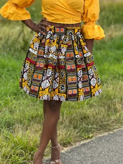 Afrikaanse print mini rok - Gele Bogolan / Mud cloth