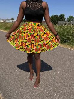Afrikaanse print mini rok - Kente oranje/groen