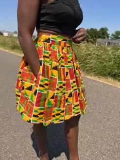 Afrikaanse print mini rok - Kente oranje/groen