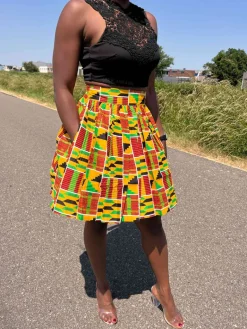 Afrikaanse print mini rok - Kente oranje/groen