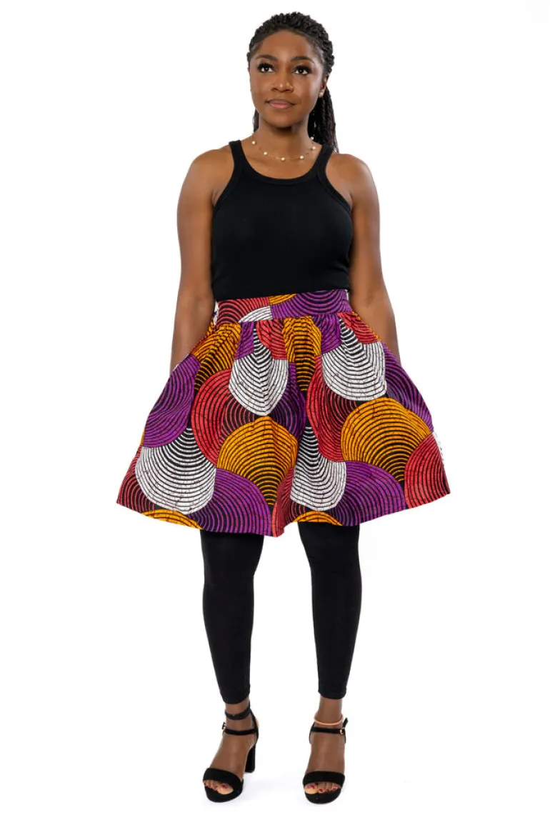 Afrikaanse print mini rok - Oranje Paars Concentric Circle Design