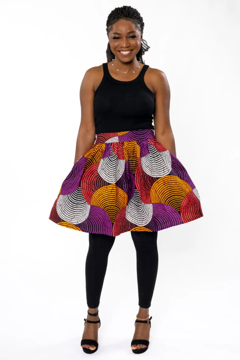 Afrikaanse print mini rok - Oranje Paars Concentric Circle Design