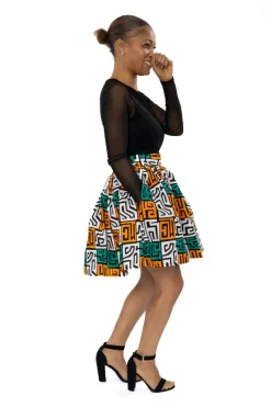 Afrikaanse print mini rok - Petrol Geel Kuba Blocks Congo