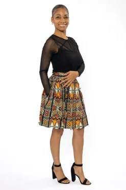 Afrikaanse print mini rok - Rood Oranje Bogolan Symbols