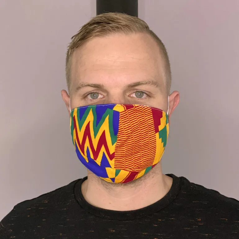 Afrikaanse print mondmasker / mondkapje van katoen Unisex - Blauw oranje Kente