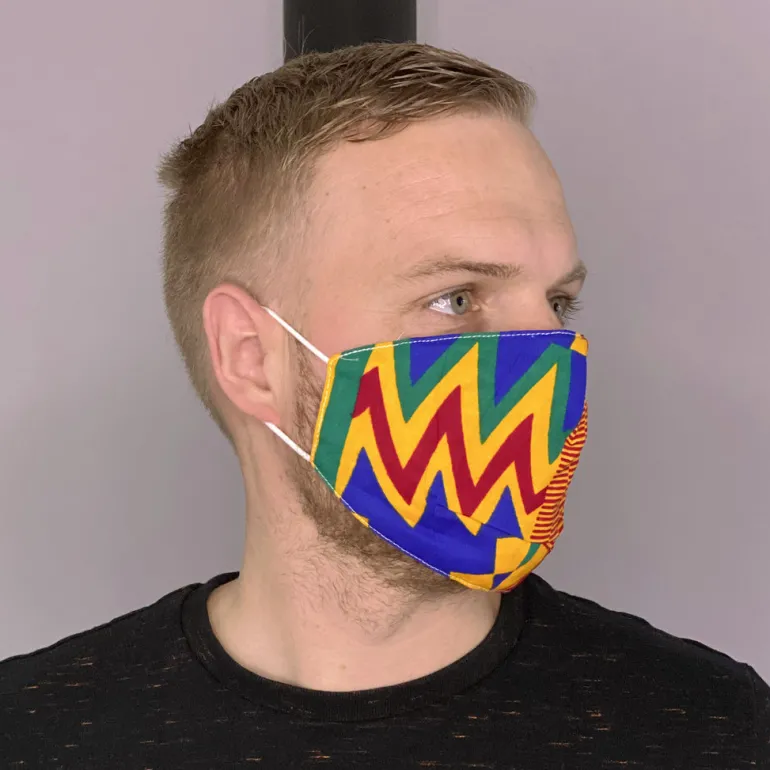 Afrikaanse print mondmasker / mondkapje van katoen Unisex - Blauw oranje Kente