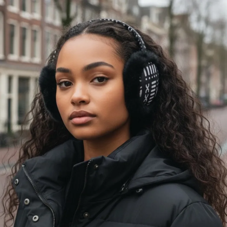 Afrikaanse Print Oorwarmers / Earmuffs - Inklapbaar Wintermodel - Zwart Witte Bogolan
