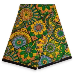 Afrikaanse print stof - Groen en geel Mandala Patchwork - 100% katoen