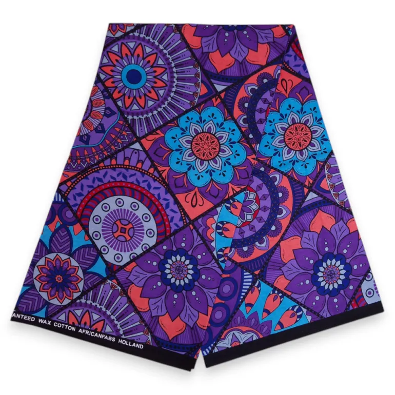 Afrikaanse print stof - Paars en lichtblauw Mandala Patchwork - 100% katoen