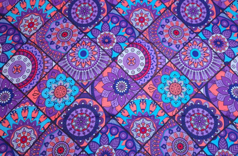 Afrikaanse print stof - Paars en lichtblauw Mandala Patchwork - 100% katoen