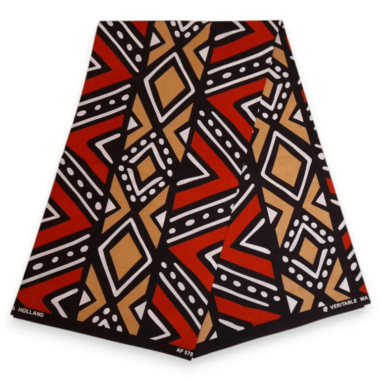 Afrikaanse print stof - Rood en beige Bogolan - 100% katoen