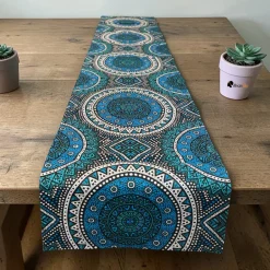 Afrikaanse print tafelloper - Tafelkleed - Blauw en Teal Sacred Circle