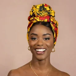 Afrikaanse Rood / gele bloem hoofddoek - headwrap