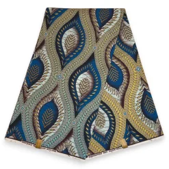 Afrikaanse stof - Blauw Goud Ancient Leaf Geometry - Special effect Brillant Platinum Edition