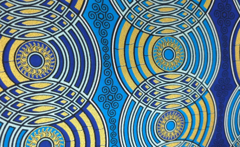 Afrikaanse stof - Blauw Goud Retro Circles - Special effect Brillant Platinum Edition